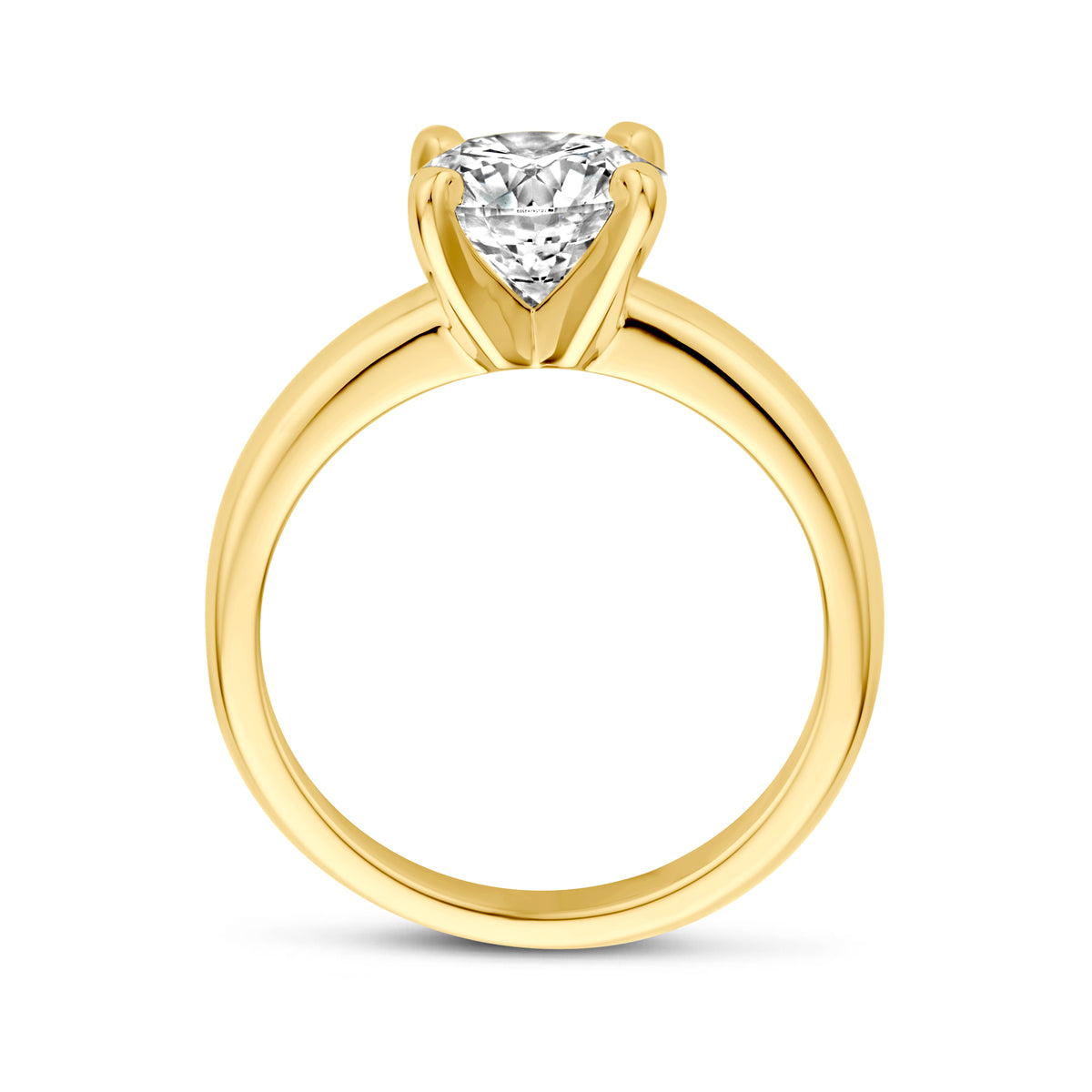 Zijaanzicht van de 14 karaat geelgouden solitair ring met lab grown diamant 2,00 ct, zodat het profiel van de ring zichtbaar is.