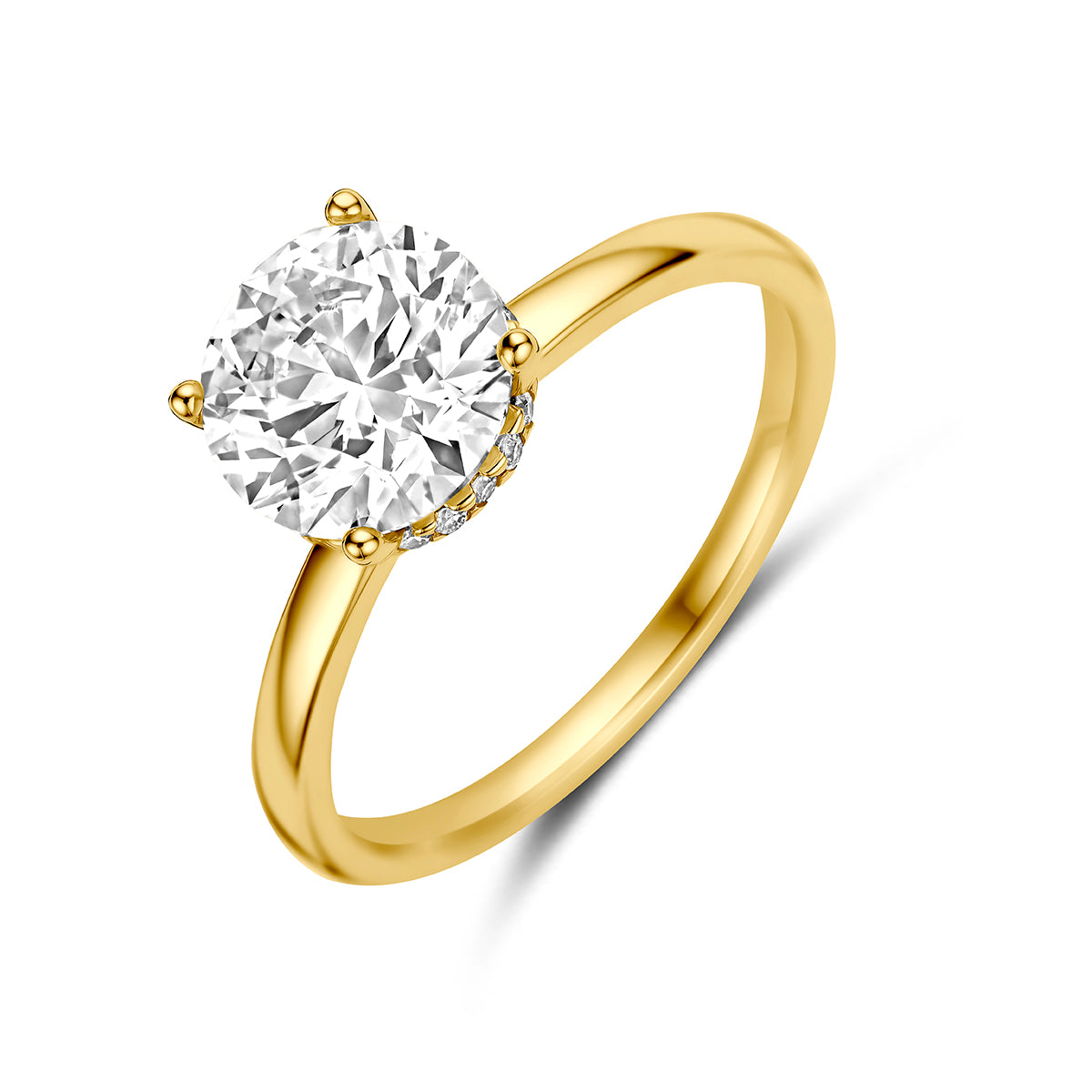 Lab grown diamant ring: schuin bovenaanzicht van de 14 karaat geelgouden solitair ring lab grown diamant 2,09 ct.