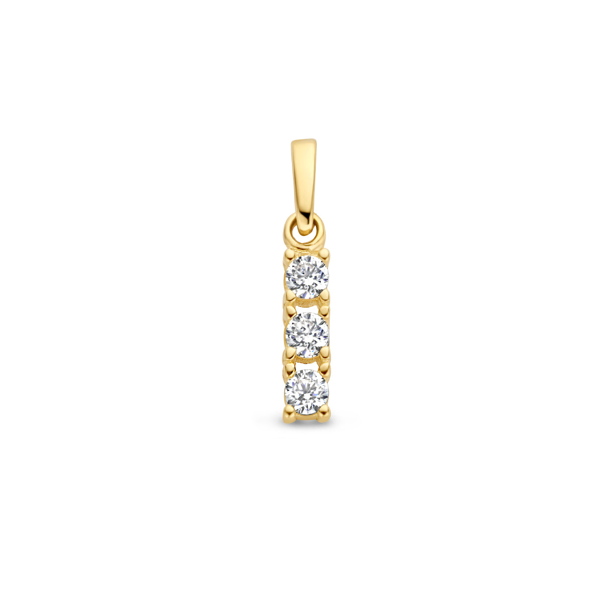 Vooraanzicht van de 14 karaat geelgouden staafje hanger met zirkonia, 15 mm hoog en 2,5 mm breed.