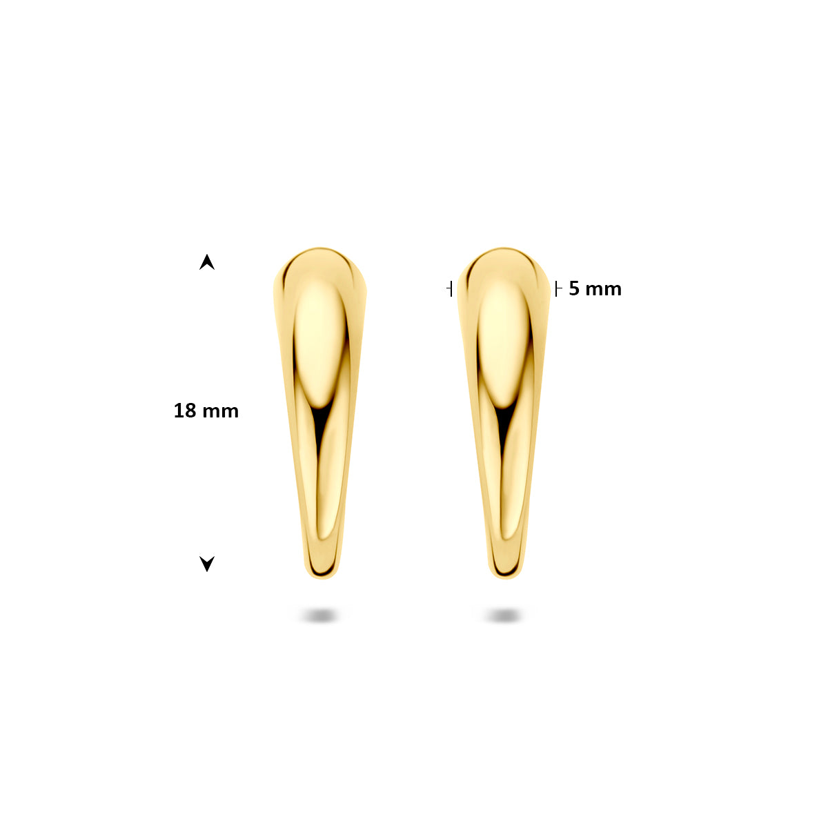 Gouden creolen: afmetingen van de 14 karaat geelgouden stekeroorringen, 18,0 mm hoog en 5,0 mm breed.
