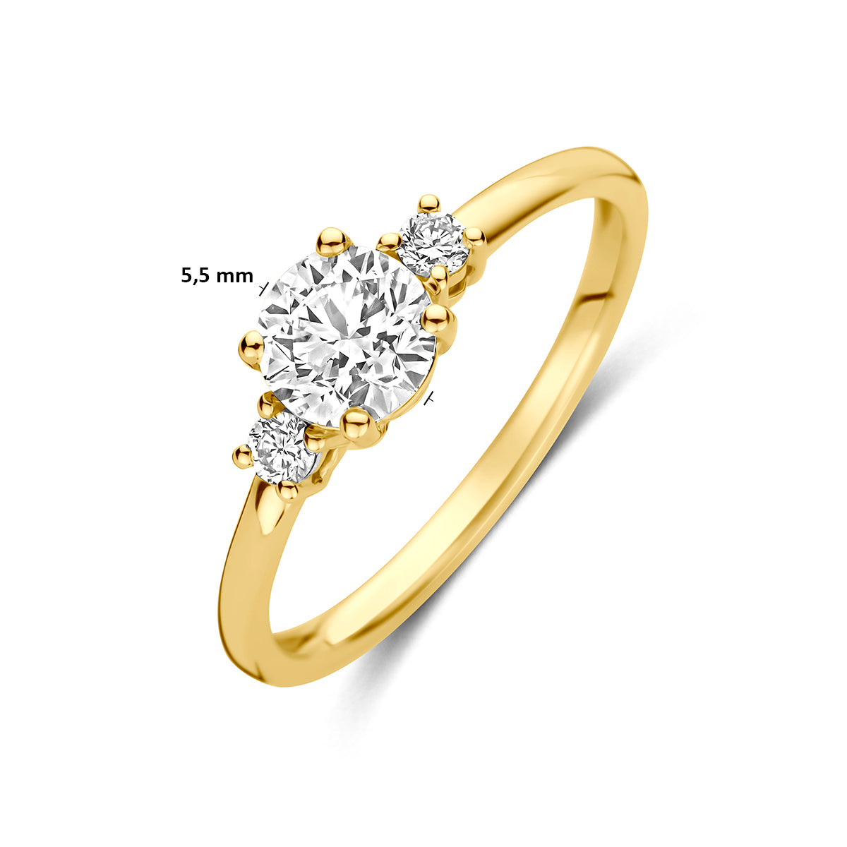 Trilogie ring: afmetingen van de geelgouden trilogie ring met lab grown diamanten van 14 karaat, 0,74 ct, verkrijgbaar in ringmaat 16½ (52) tot 18½ (58).
