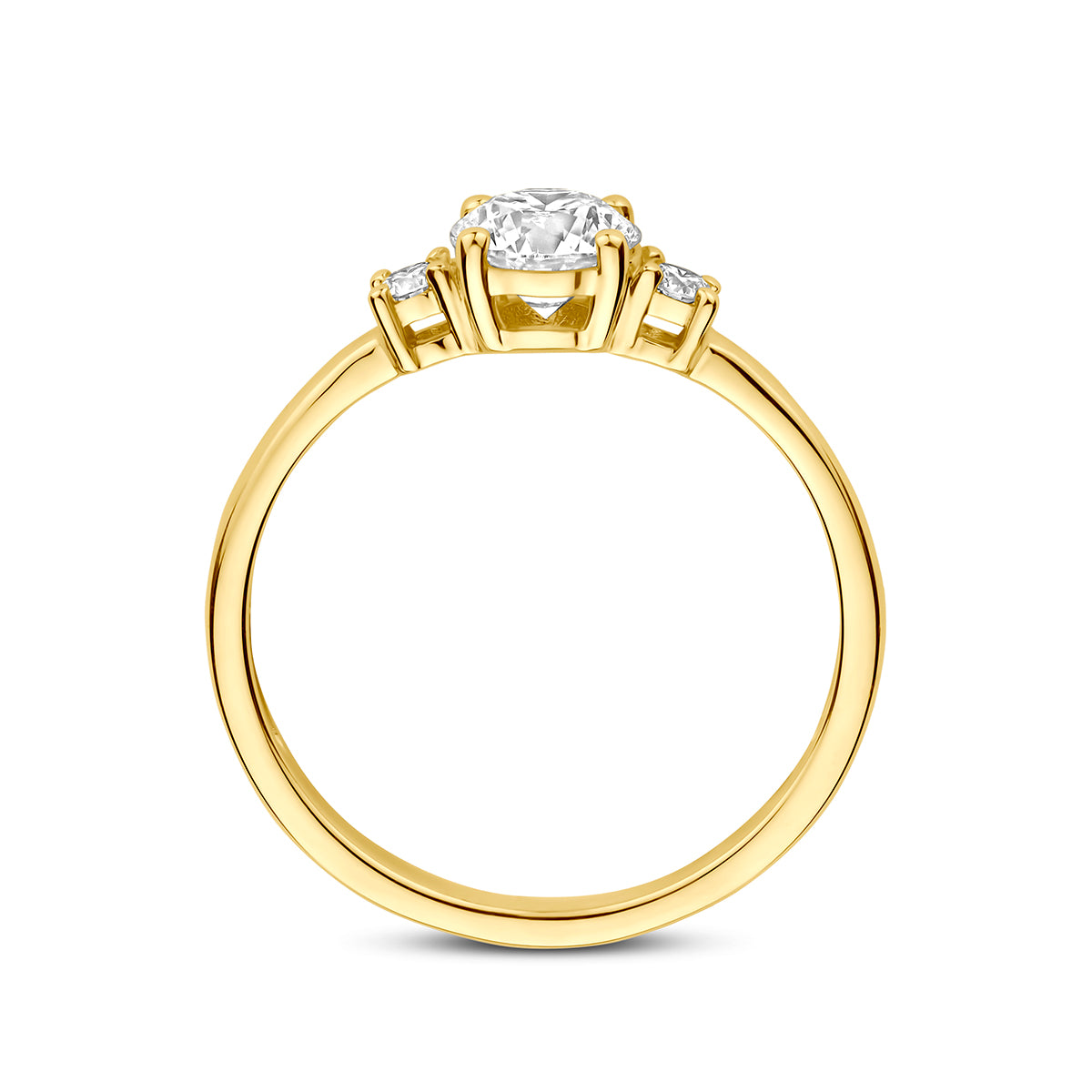 Trilogie ring: zijaanzicht van de geelgouden trilogie ring met lab grown diamanten van 14 karaat, 0,74 ct.