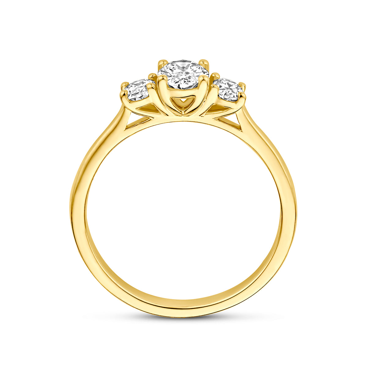 Trilogie ring: zijaanzicht van de 14 karaat geelgouden trilogie ring lab grown diamant 0,80 ct.