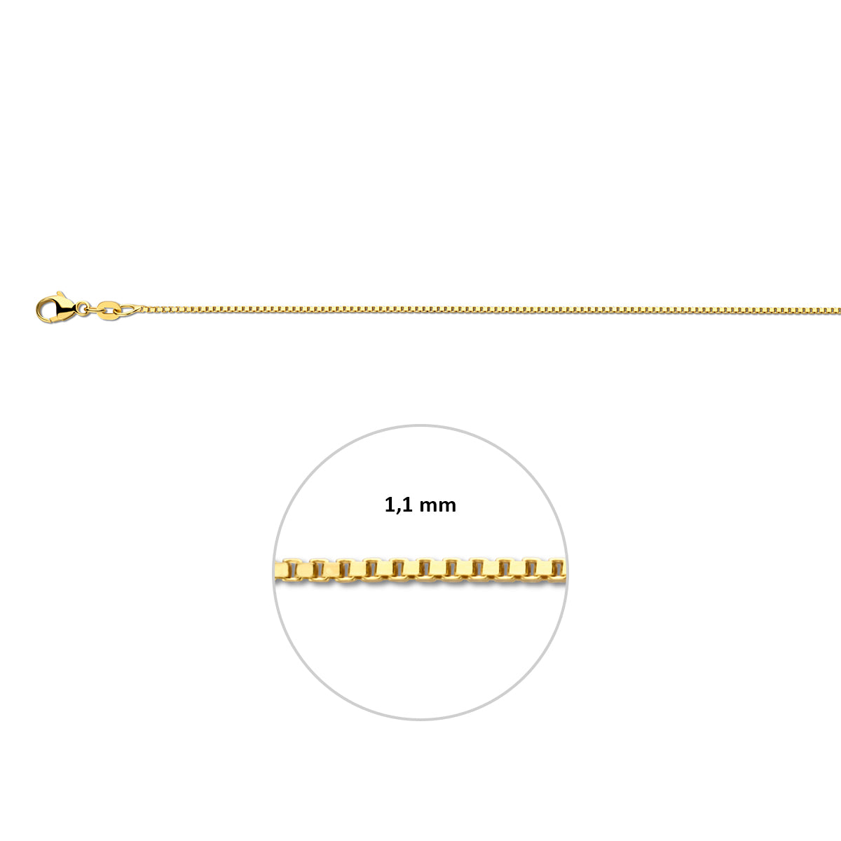 Gouden armband 14 karaat: 14 karaat geelgouden venetiaanse armband, met de schakelbreedte van 1,1 mm aangegeven