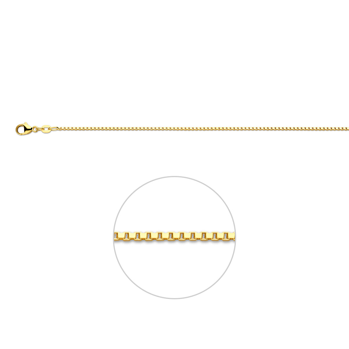 Gouden venetiaanse ketting: 14 karaat geelgouden venetiaanse halsketting van 1,2 mm breed, vooraanzicht