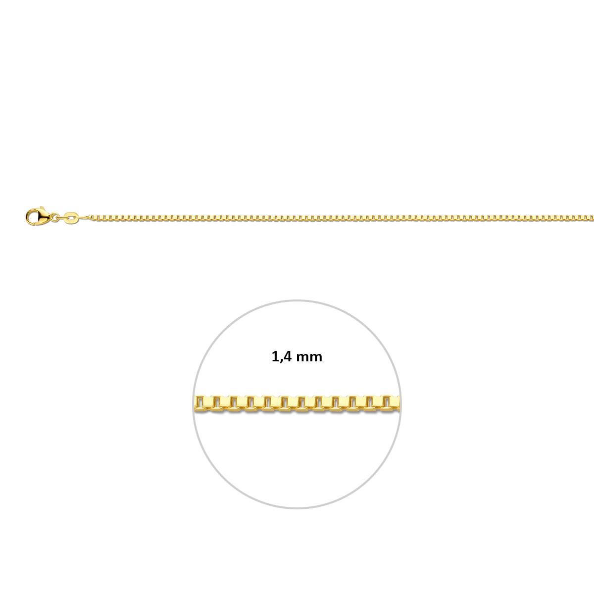 Gouden venetiaanse ketting: 14 karaat geelgouden venetiaanse halsketting, met de schakelbreedte van 1,4 mm aangegeven