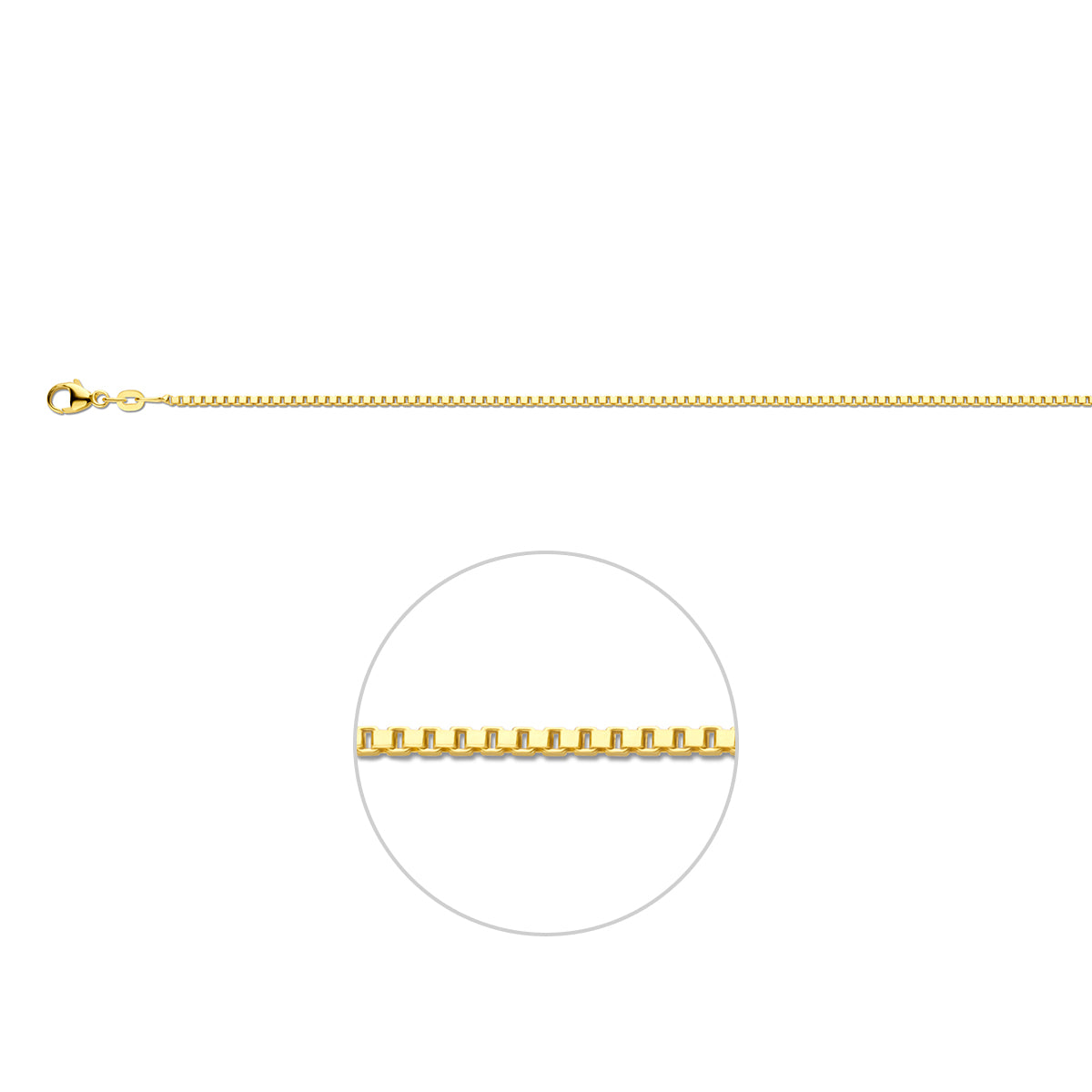 Gouden venetiaanse ketting: 14 karaat geelgouden venetiaanse halsketting van 1,4 mm breed, vooraanzicht