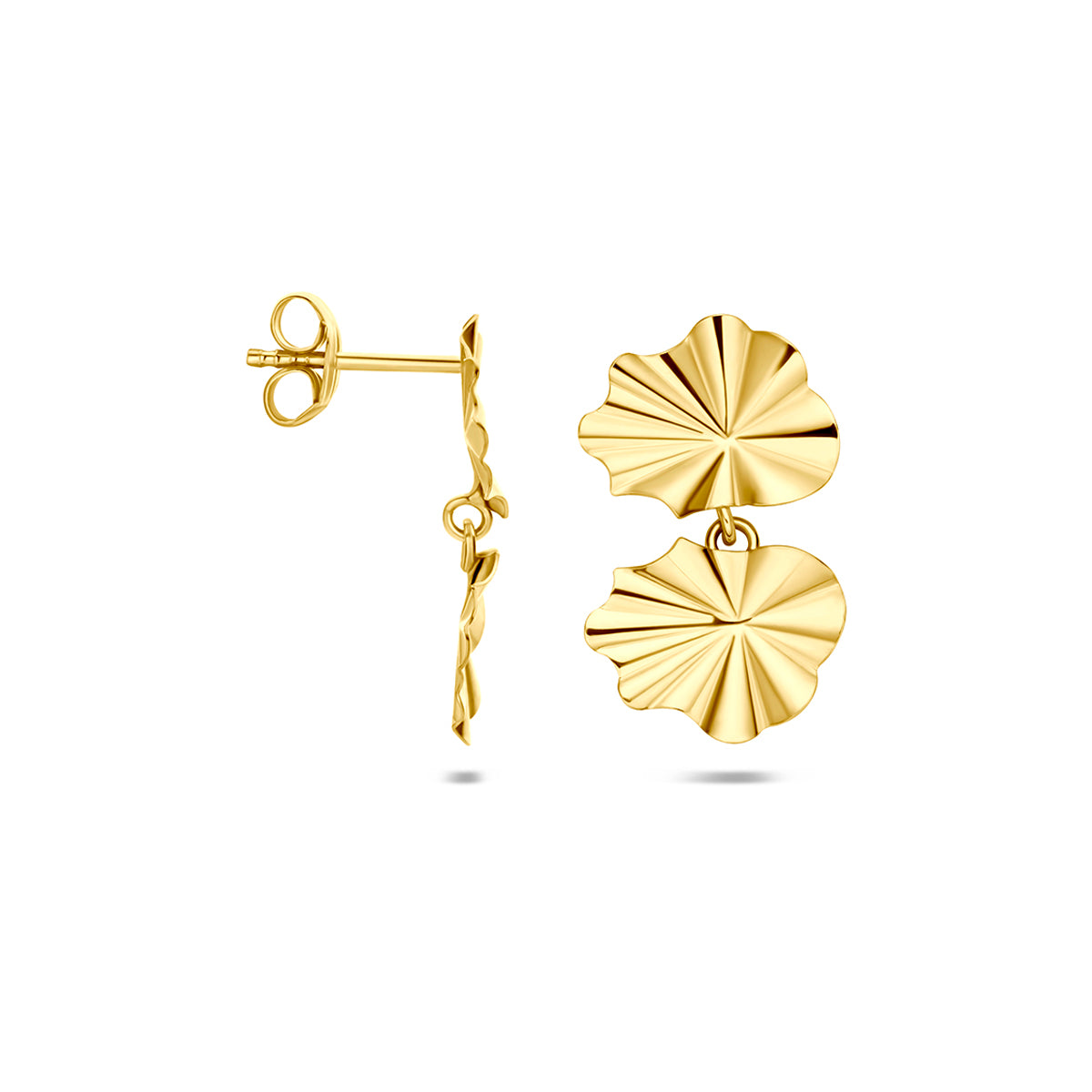 Gouden oorhangers: voor- en zijaanzicht van de 14 karaat geelgouden waaier oorhangers.
