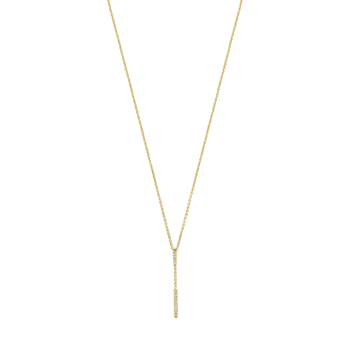 Vooraanzicht van de 14 karaat geelgouden y ketting met diamant 0,06 ct, 10,5 mm hoog en 1,5 mm breed.