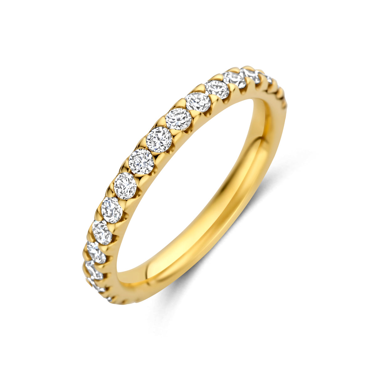 Schuin bovenaanzicht van de gouden aanschuifring met lab grown diamant van 14 karaat.