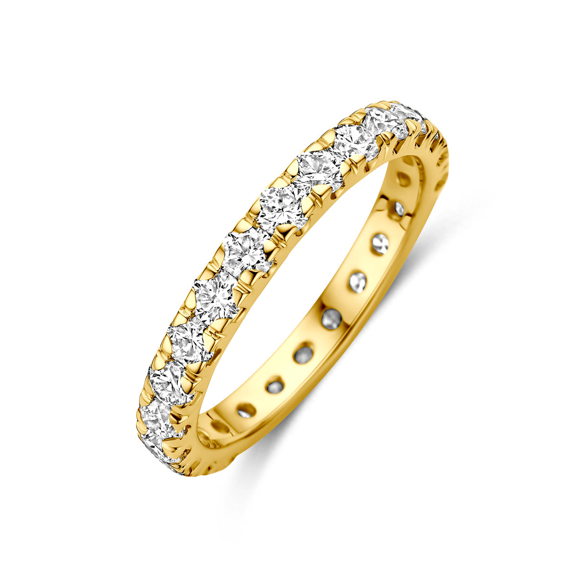 Schuin bovenaanzicht van de gouden ring met lab grown diamant van 14 karaat.