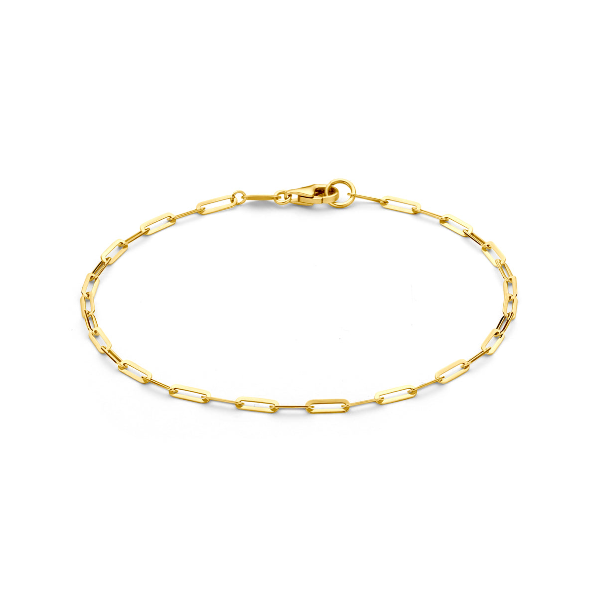 Vooraanzicht van de gouden ankerarmband van 14 karaat.