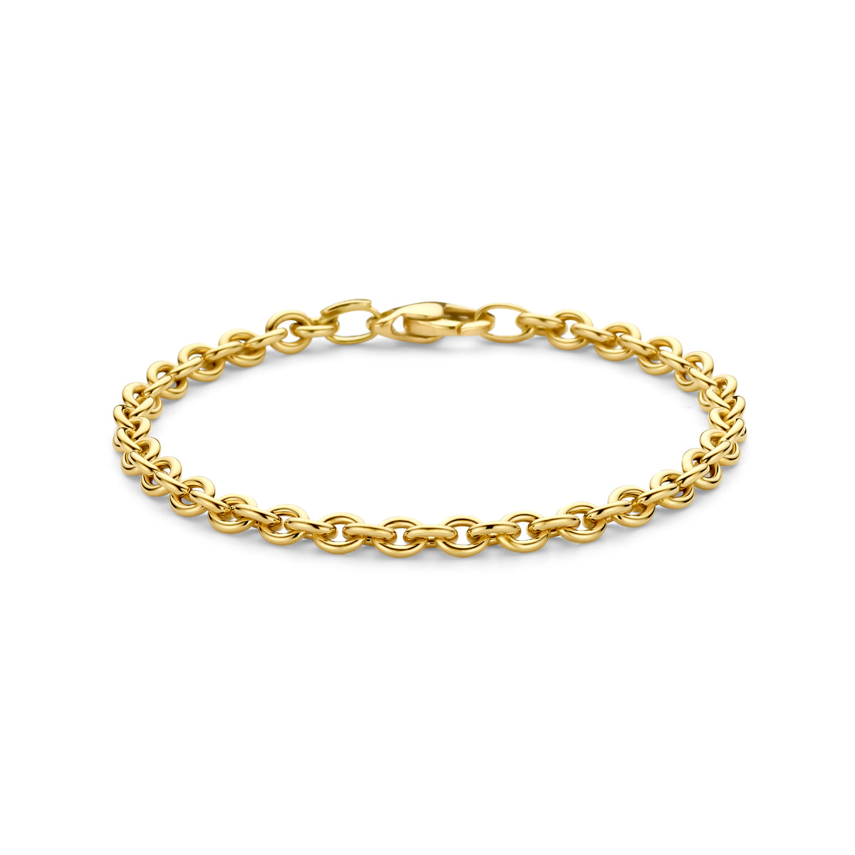 Vooraanzicht van de gouden ankerarmband van 14 karaat.