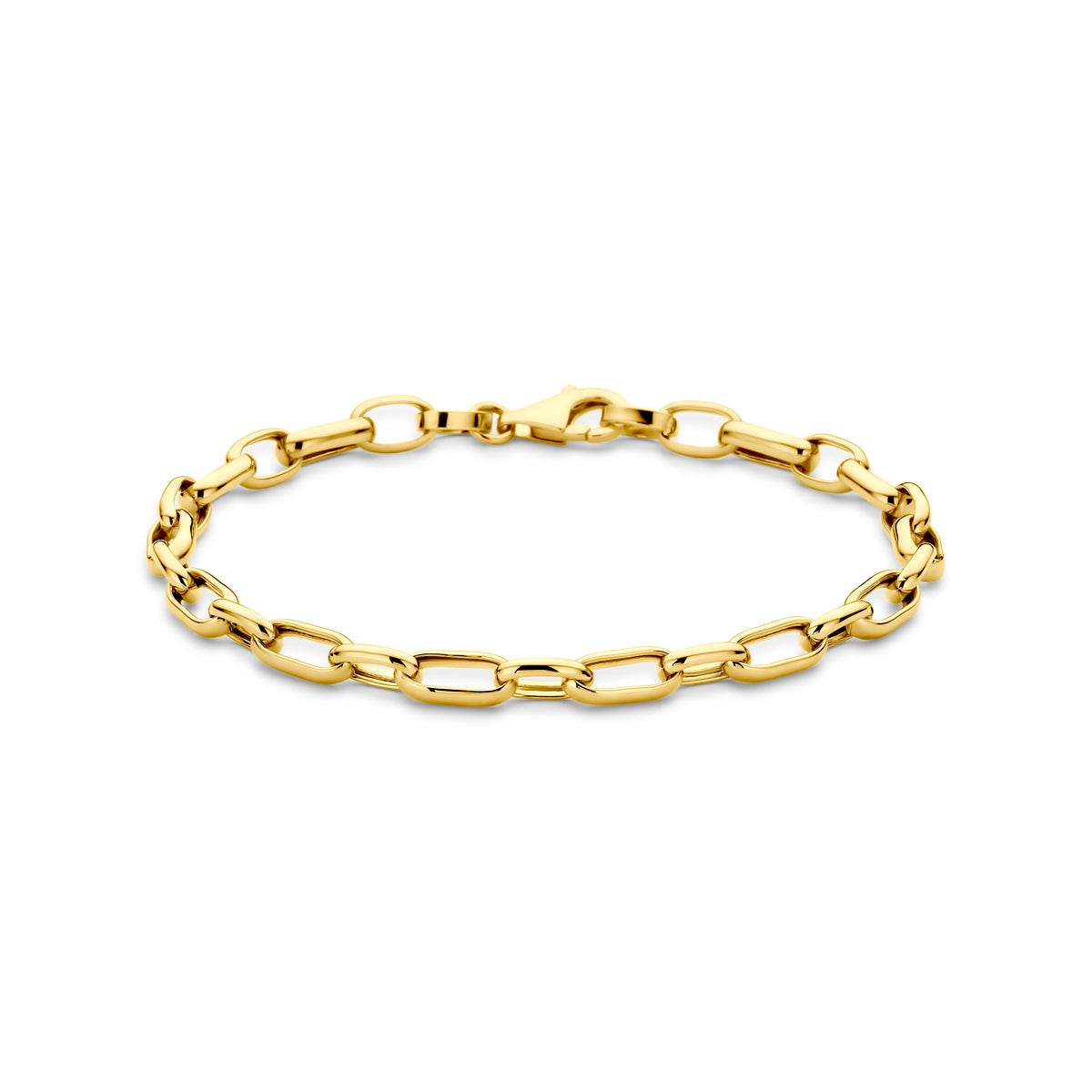 Vooraanzicht van de gouden ankerarmband van 14 karaat.