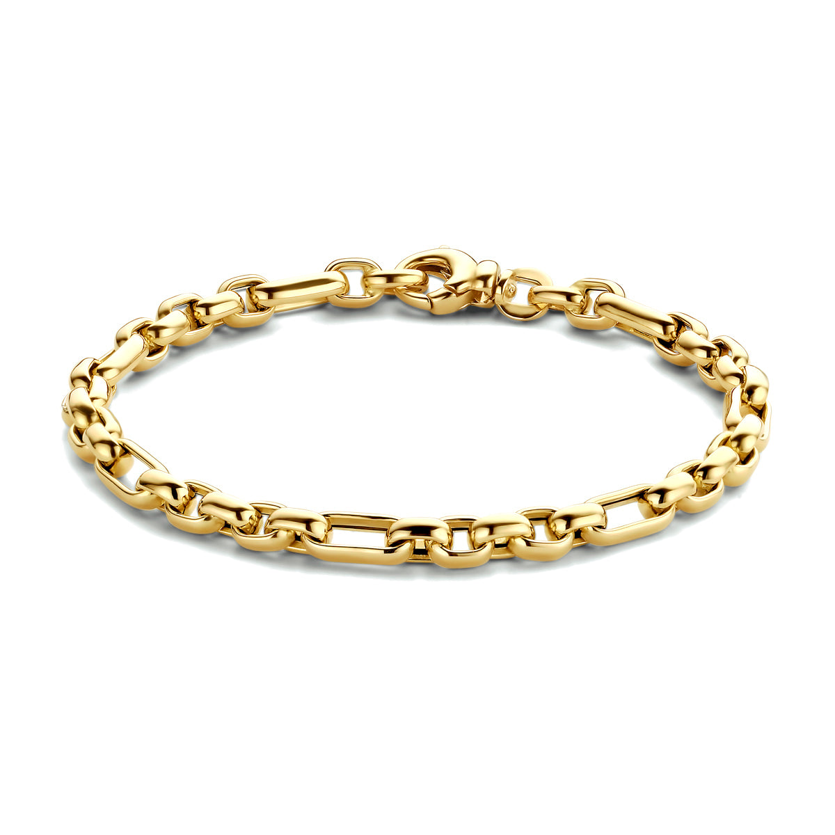Vooraanzicht van de gouden ankerarmband van 14 karaat.