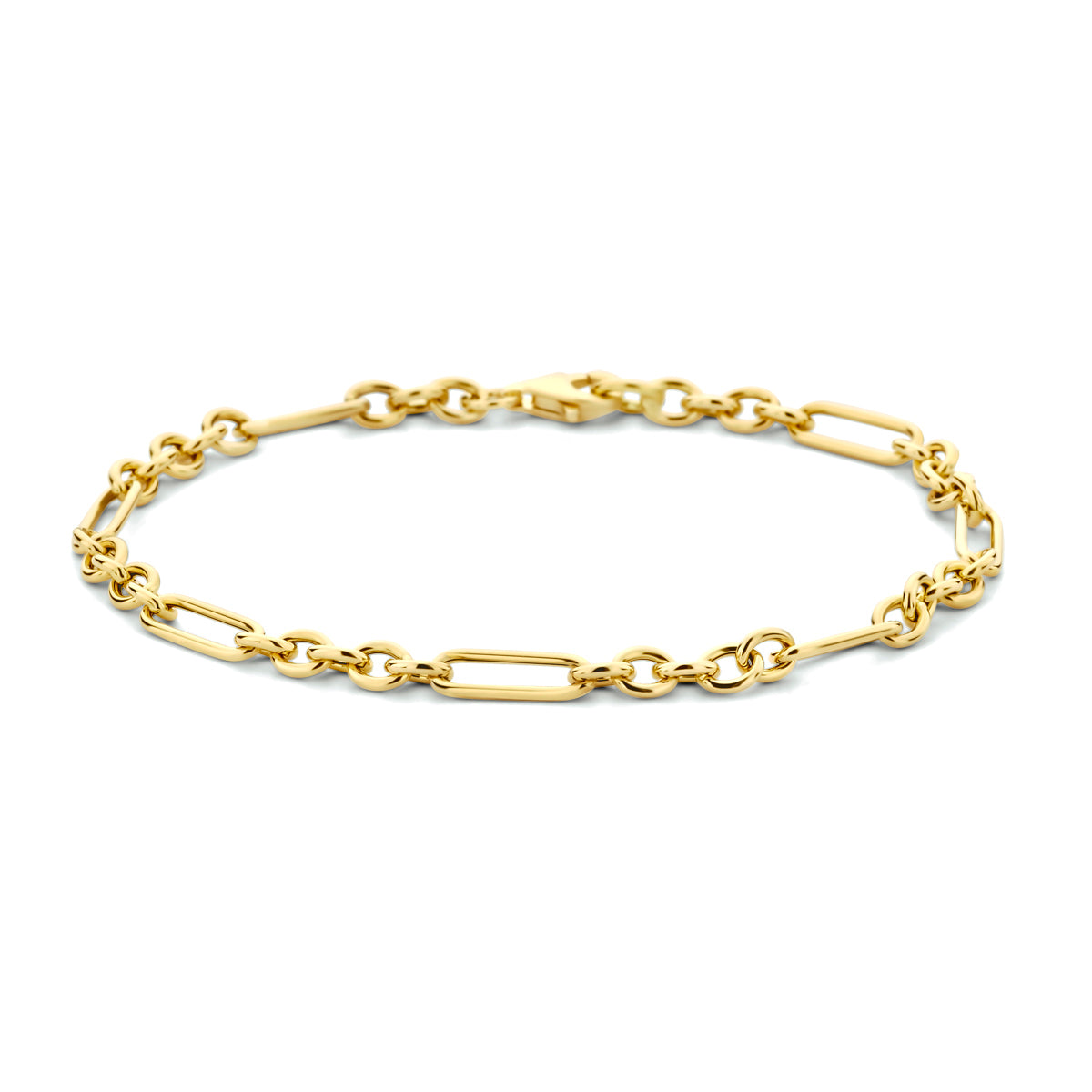 Vooraanzicht van de gouden ankerarmband van 14 karaat.