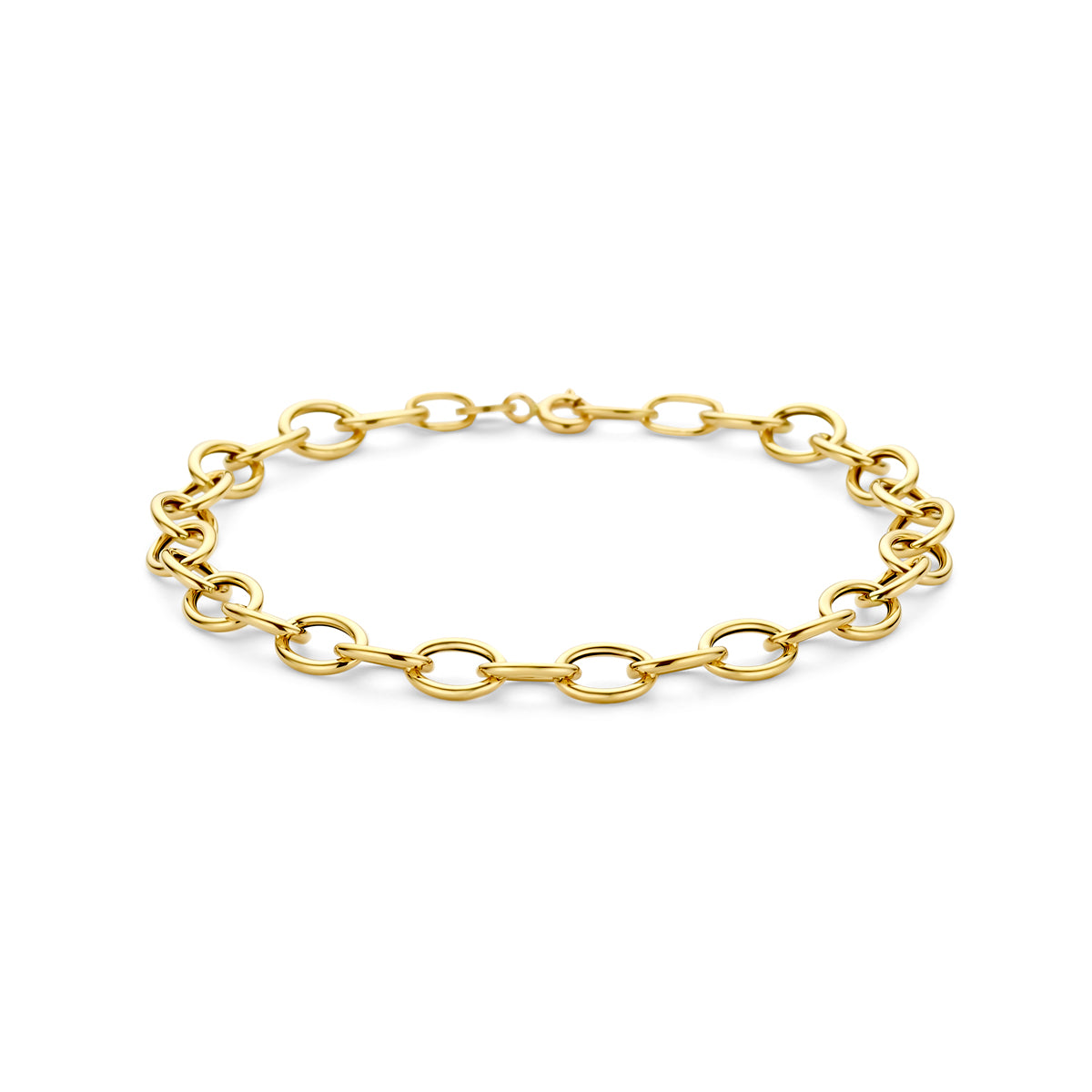 Vooraanzicht van de gouden ankerarmband van 14 karaat.