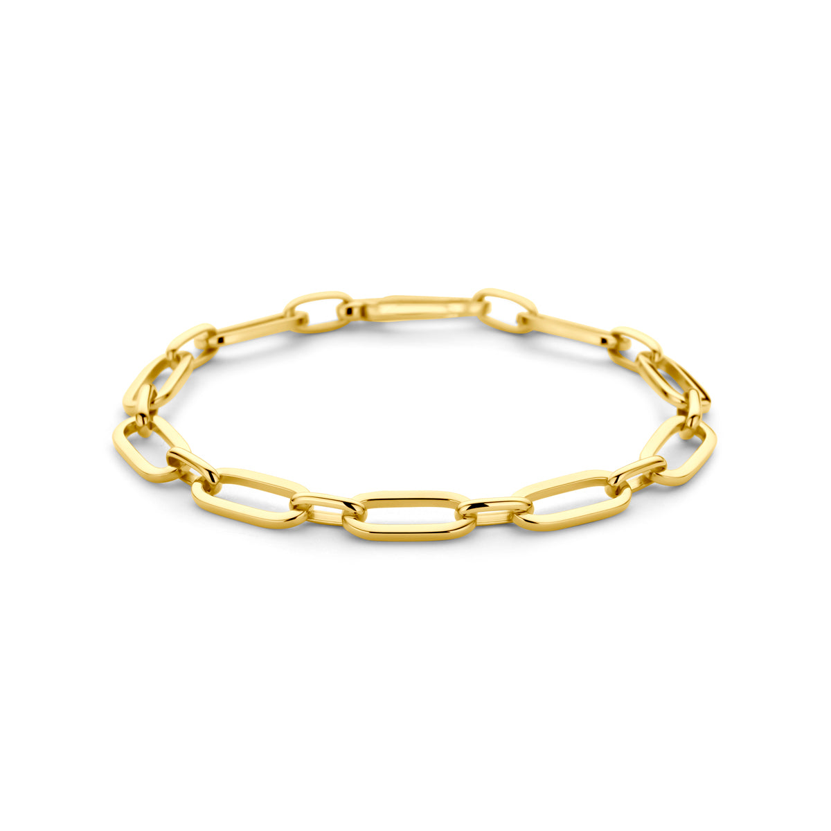 Vooraanzicht van de gouden ankerarmband van 14 karaat.