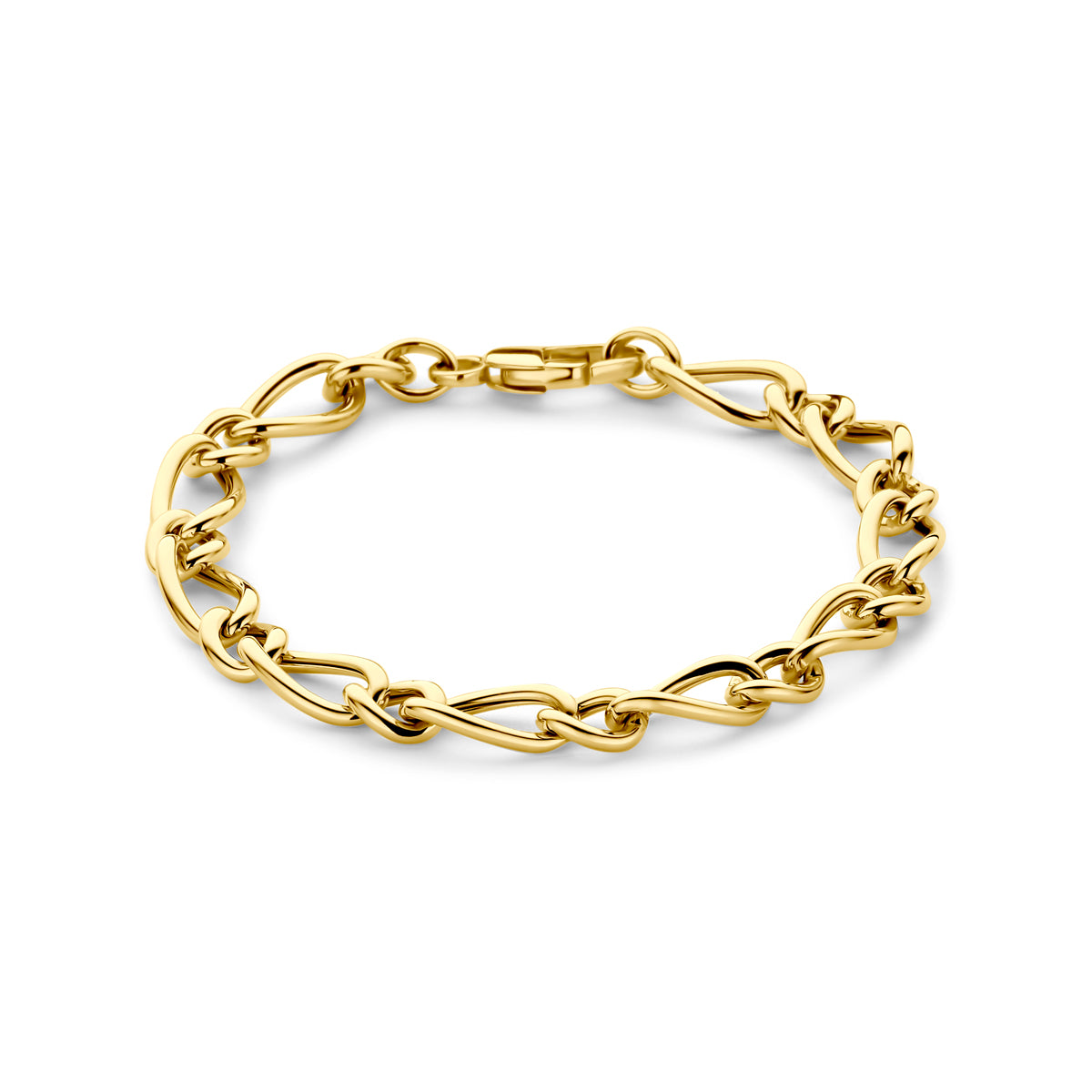 Vooraanzicht van de gouden ankerarmband van 14 karaat.