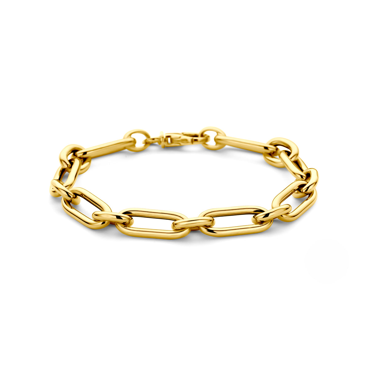Vooraanzicht van de gouden ankerarmband van 14 karaat.