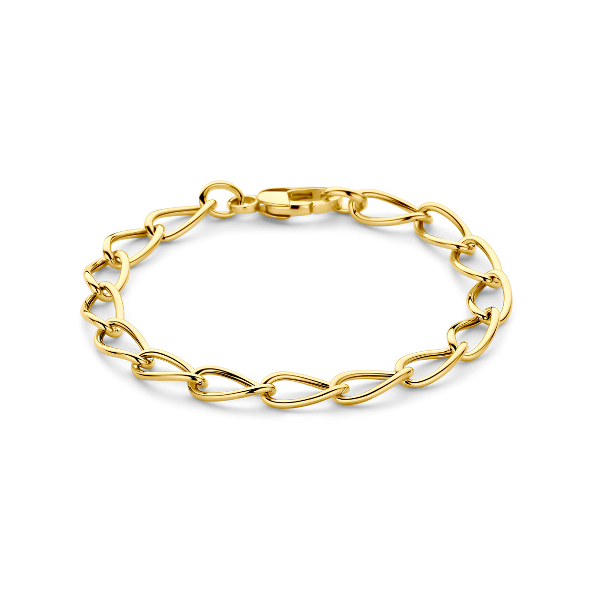Vooraanzicht van de gouden ankerarmband van 14 karaat.