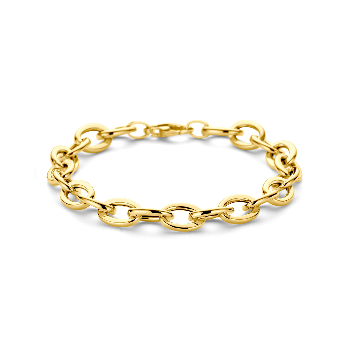 Vooraanzicht van de gouden ankerarmband van 14 karaat.