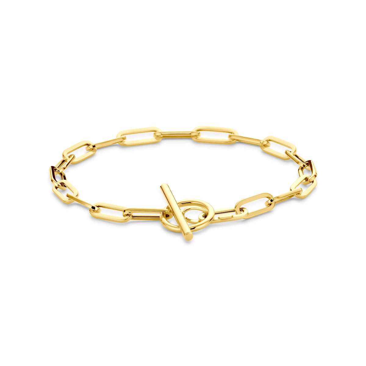 Vooraanzicht van de gouden ankerarmband van 14 karaat.