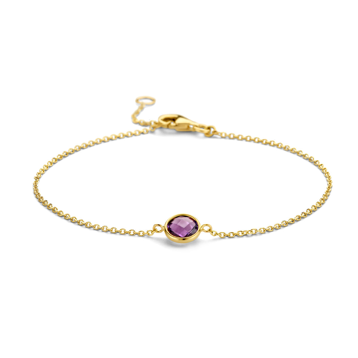 Vooraanzicht van de gouden ankerarmband met amethist van 14 karaat.
