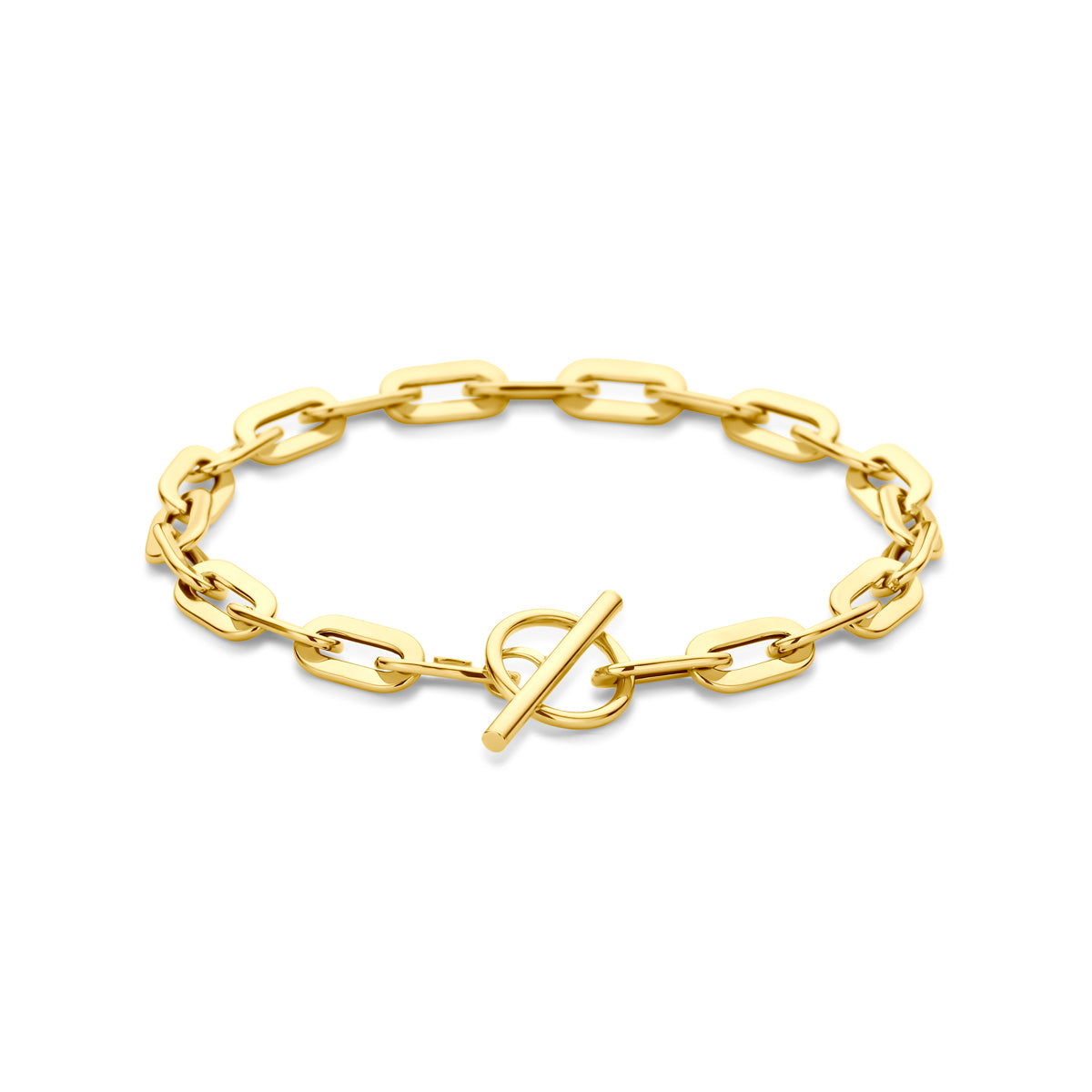 Vooraanzicht van de gouden ankerarmband met kapittelslot van 14 karaat.