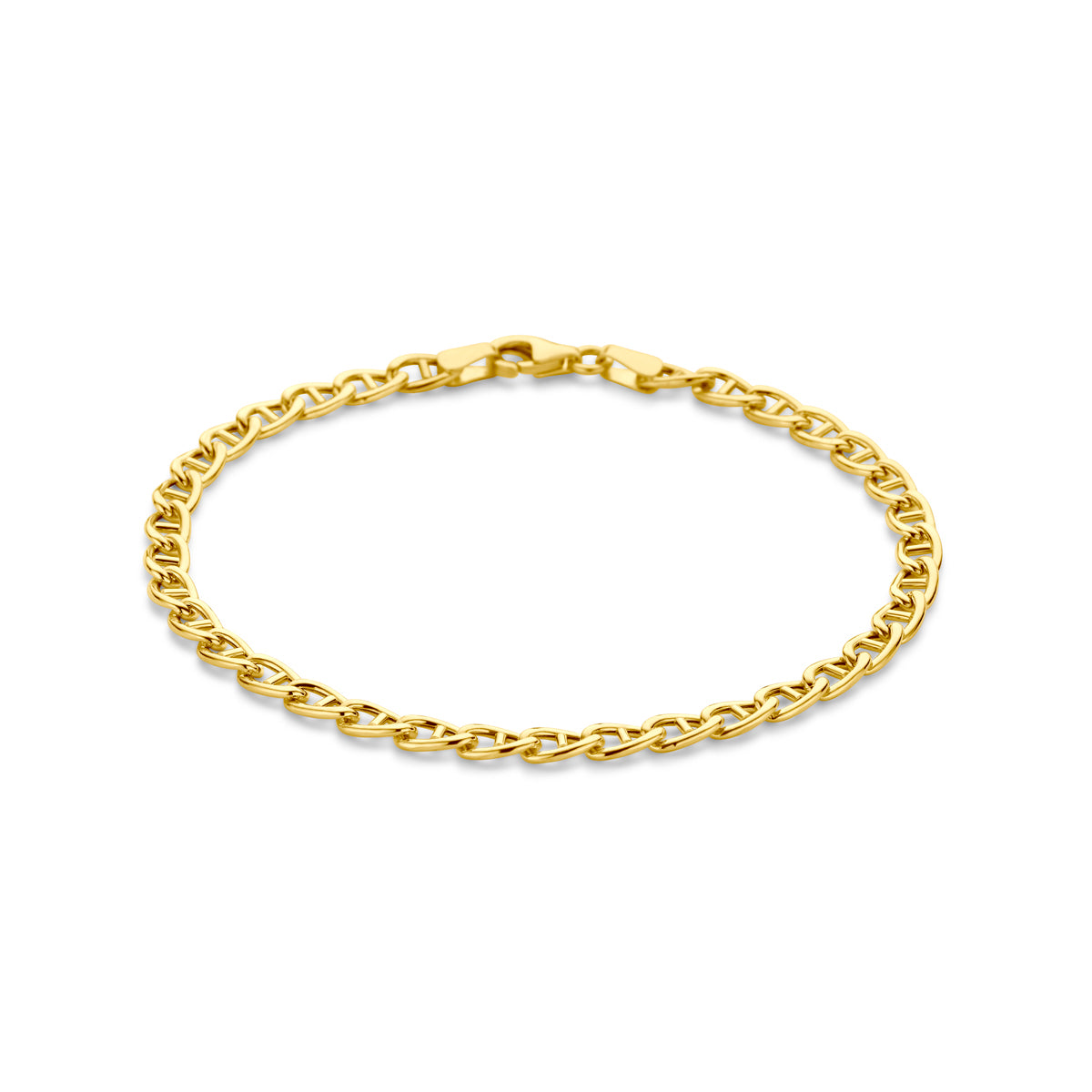 Vooraanzicht van de gouden ankerarmband van 14 karaat.