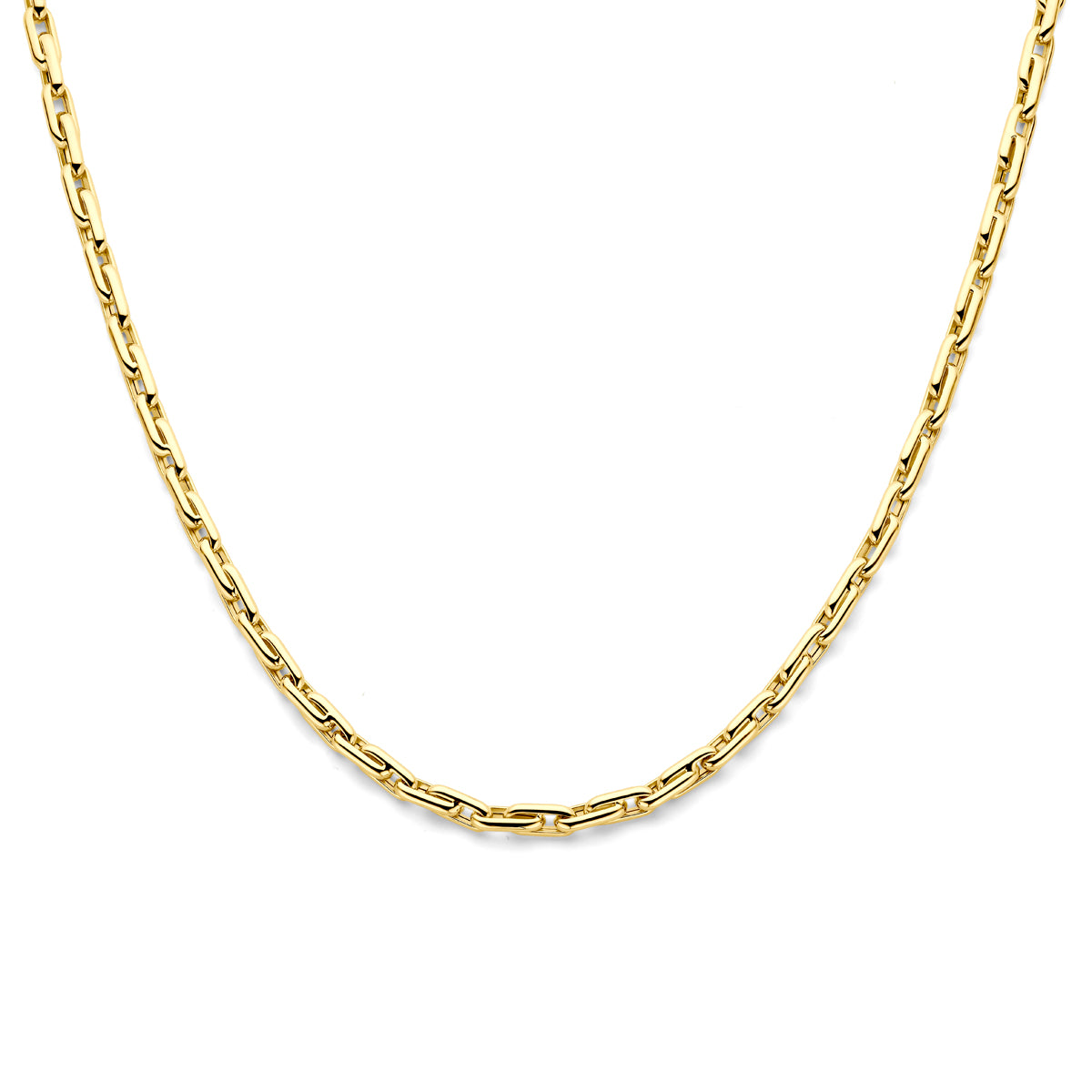 Vooraanzicht van de gouden ankerketting van 14 karaat.
