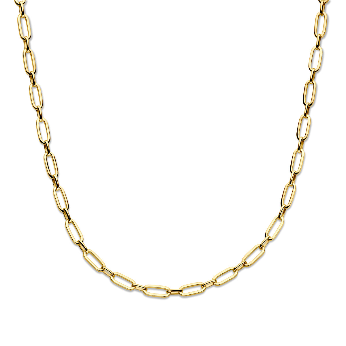 Vooraanzicht van de gouden ankerketting van 14 karaat.