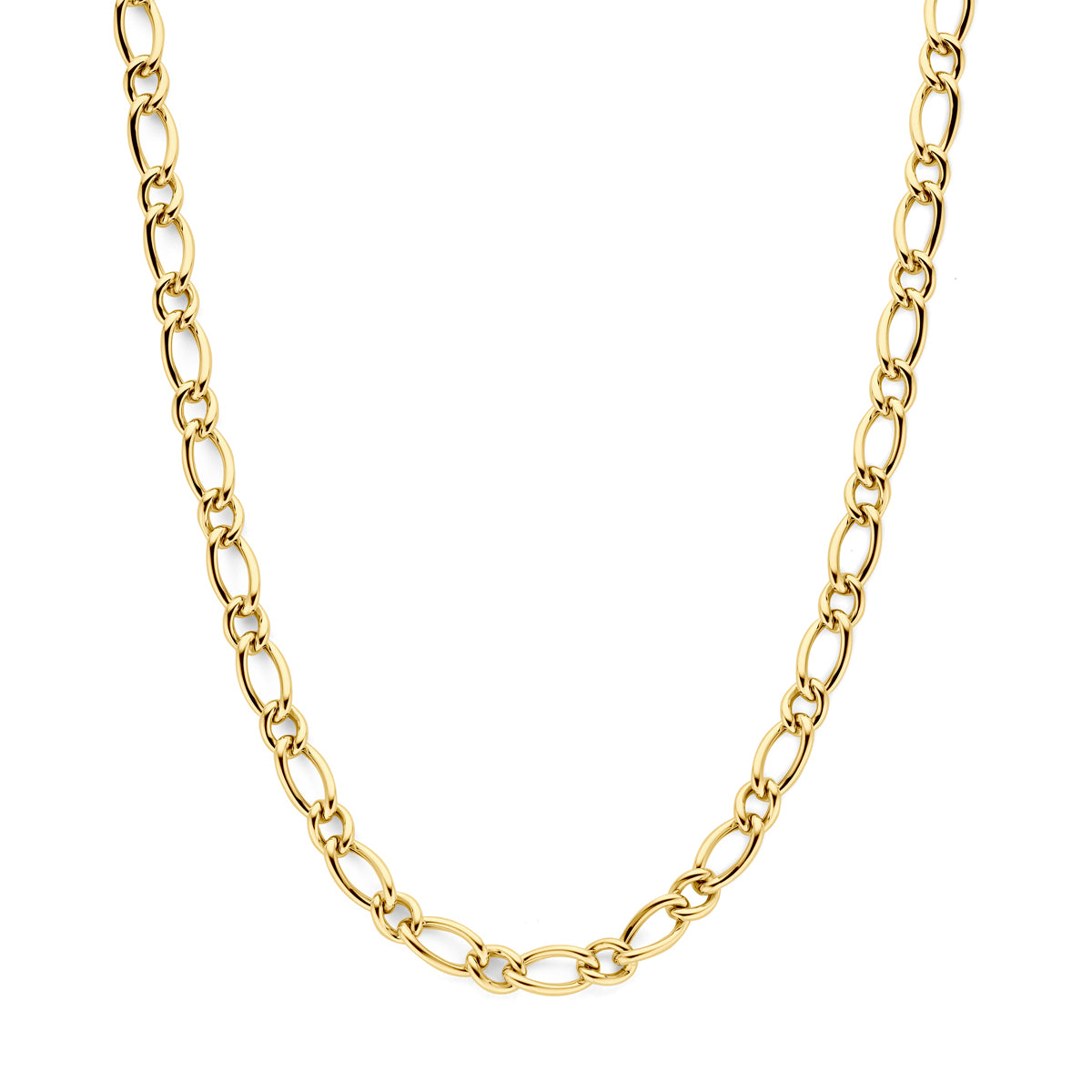Vooraanzicht van de gouden ankerketting van 14 karaat.