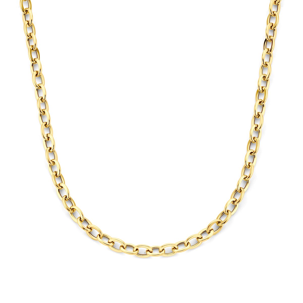 Vooraanzicht van de gouden ankerketting van 14 karaat.