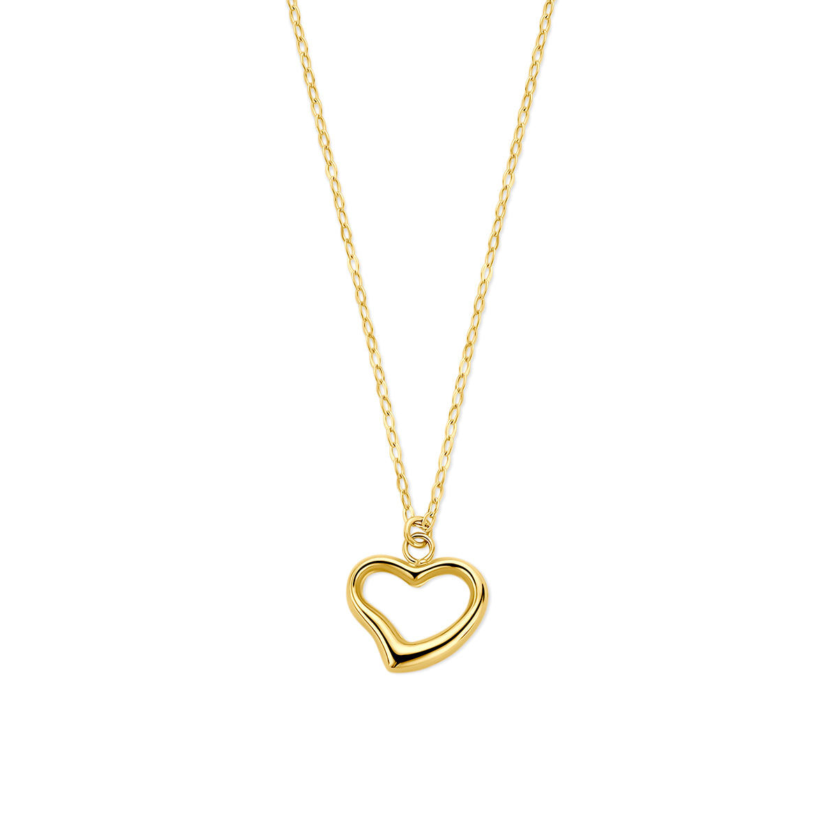 Vooraanzicht van de gouden ketting met hartje van 14 karaat.