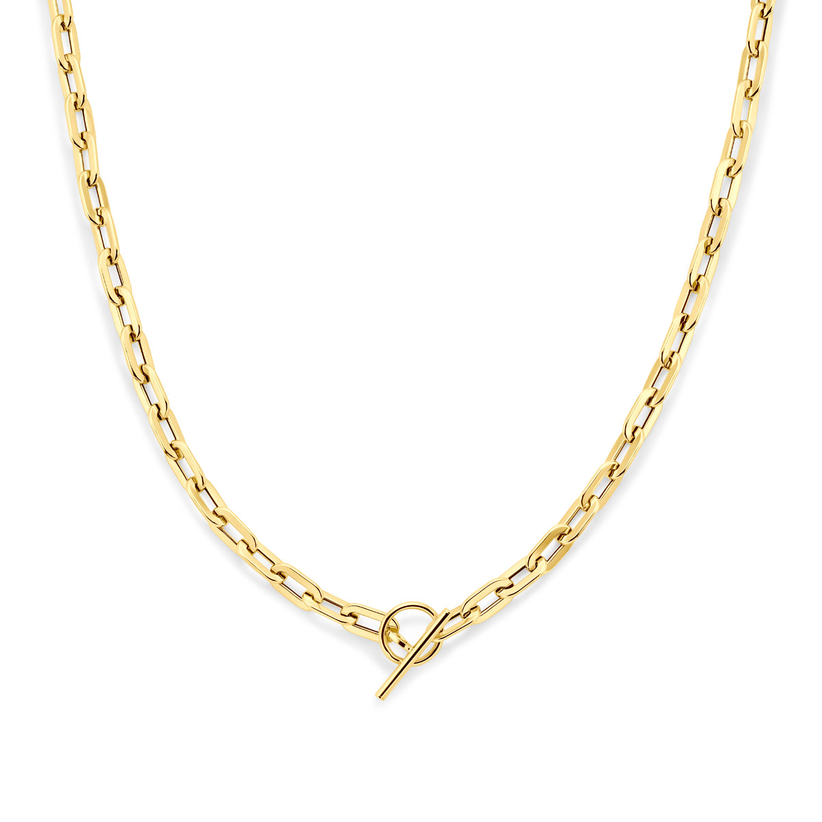 Vooraanzicht van de gouden ankerketting met kapittelslot van 14 karaat.