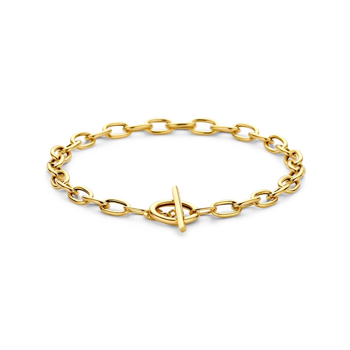 Vooraanzicht van de 14 karaat gouden ankerschakel armband met kapittelsluiting, 19 cm lang.