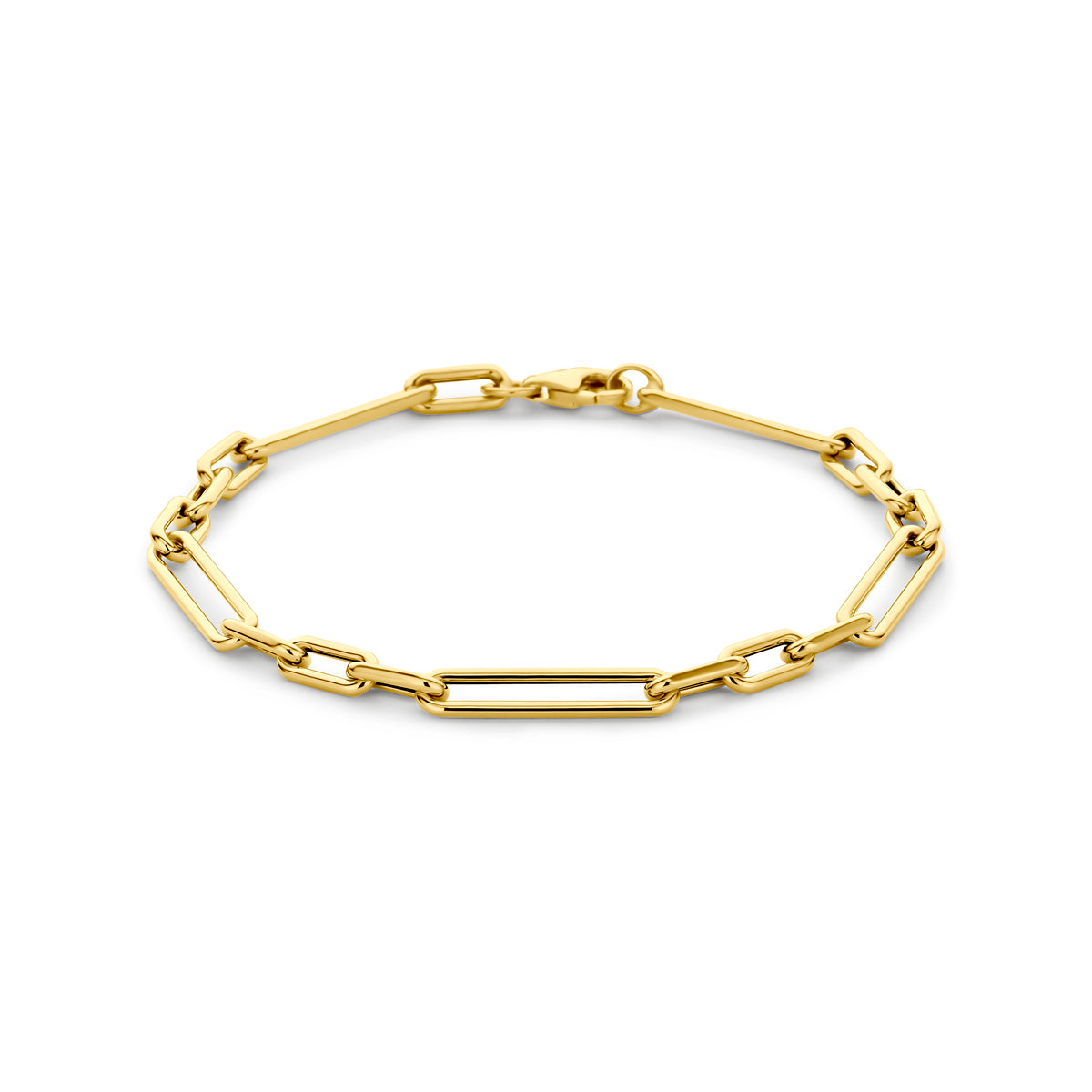 Vooraanzicht van de 14 karaat gouden armband met ankerschakels, 19 cm lang.