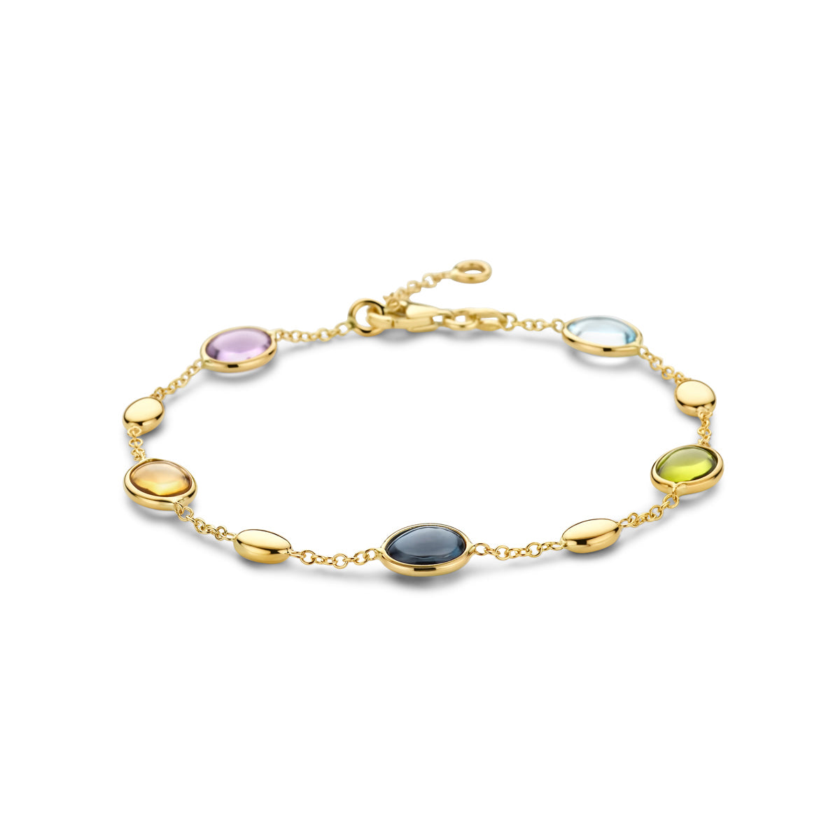 Vooraanzicht van de 14 karaat gouden armband met gekleurde edelstenen, 17 cm lang met verlengstuk tot 19 cm.