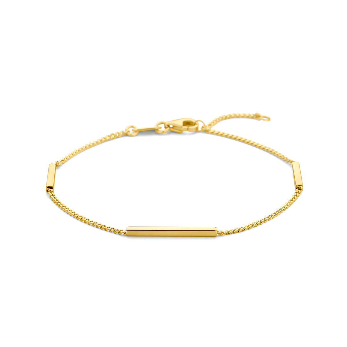 Vooraanzicht van de 14 karaat gouden armband met gourmette schakel en staafjes, 17 cm lang met verlengstuk tot 19 cm.