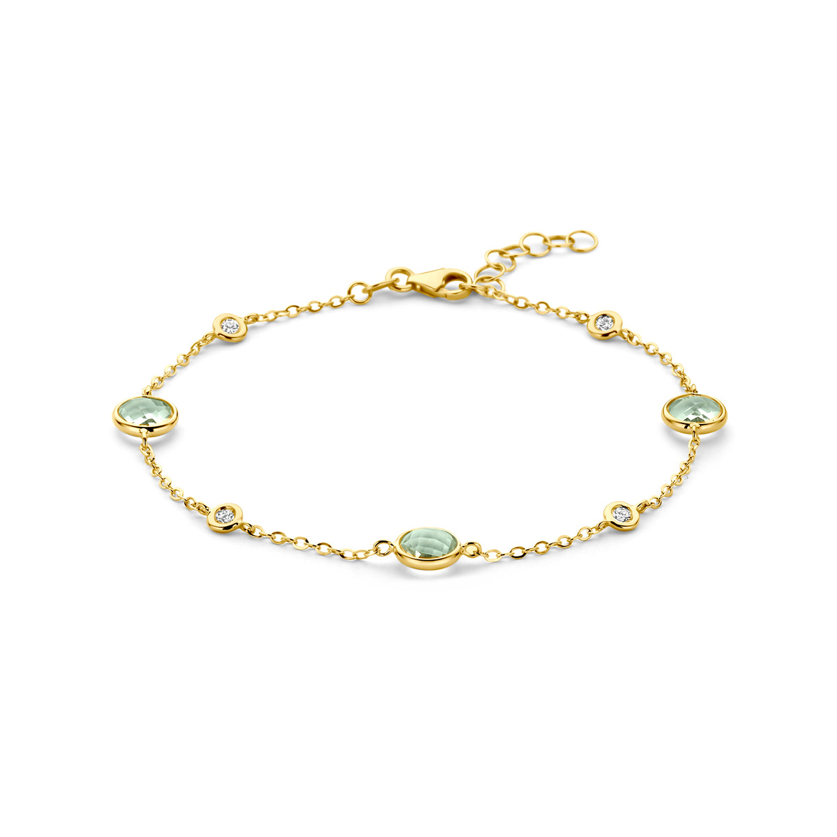 Vooraanzicht van de gouden armband met groene amethist en diamant van 14 karaat.