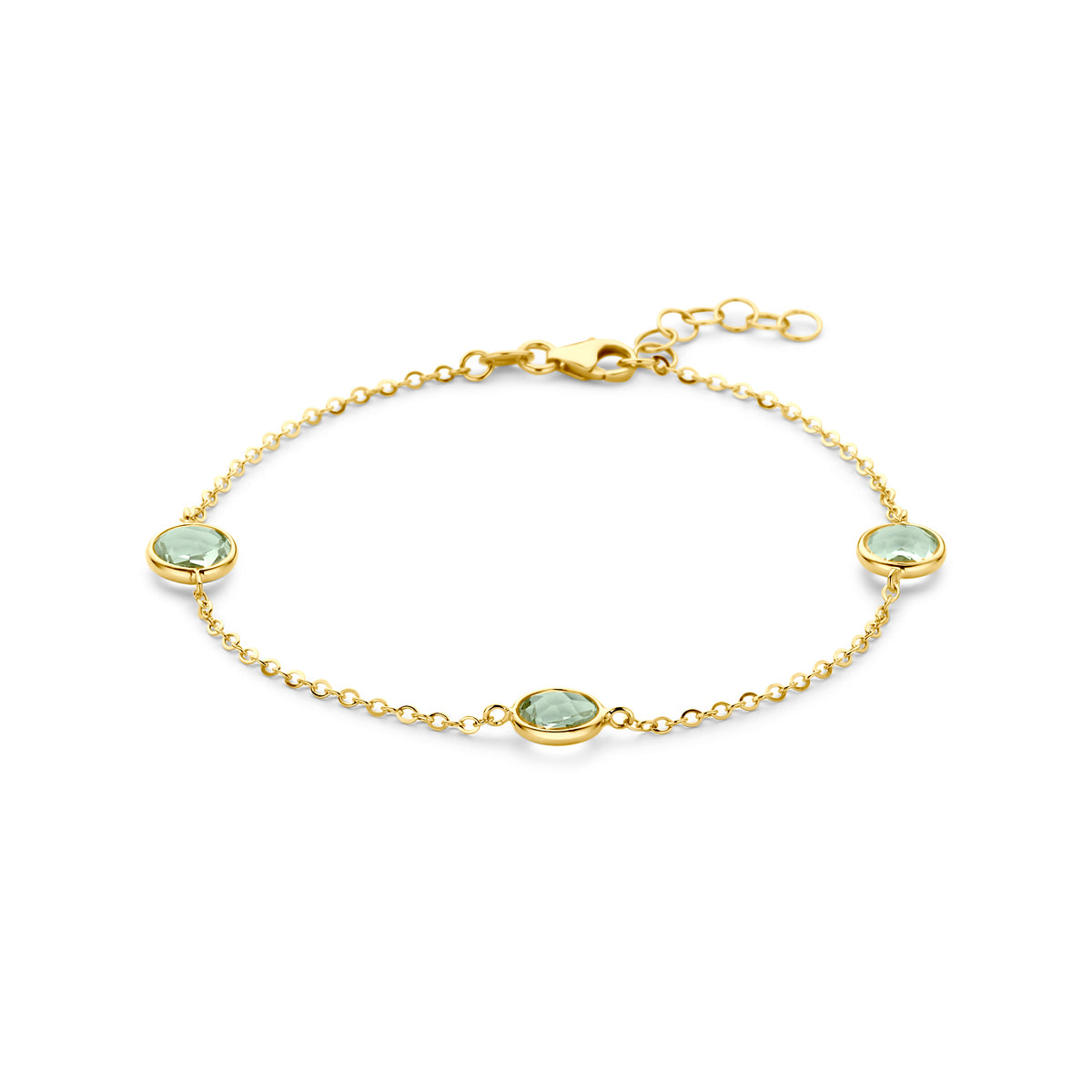 Vooraanzicht van de 14 karaat gouden armband met groene amethist, 17 cm lang met verlengstuk tot 19 cm.