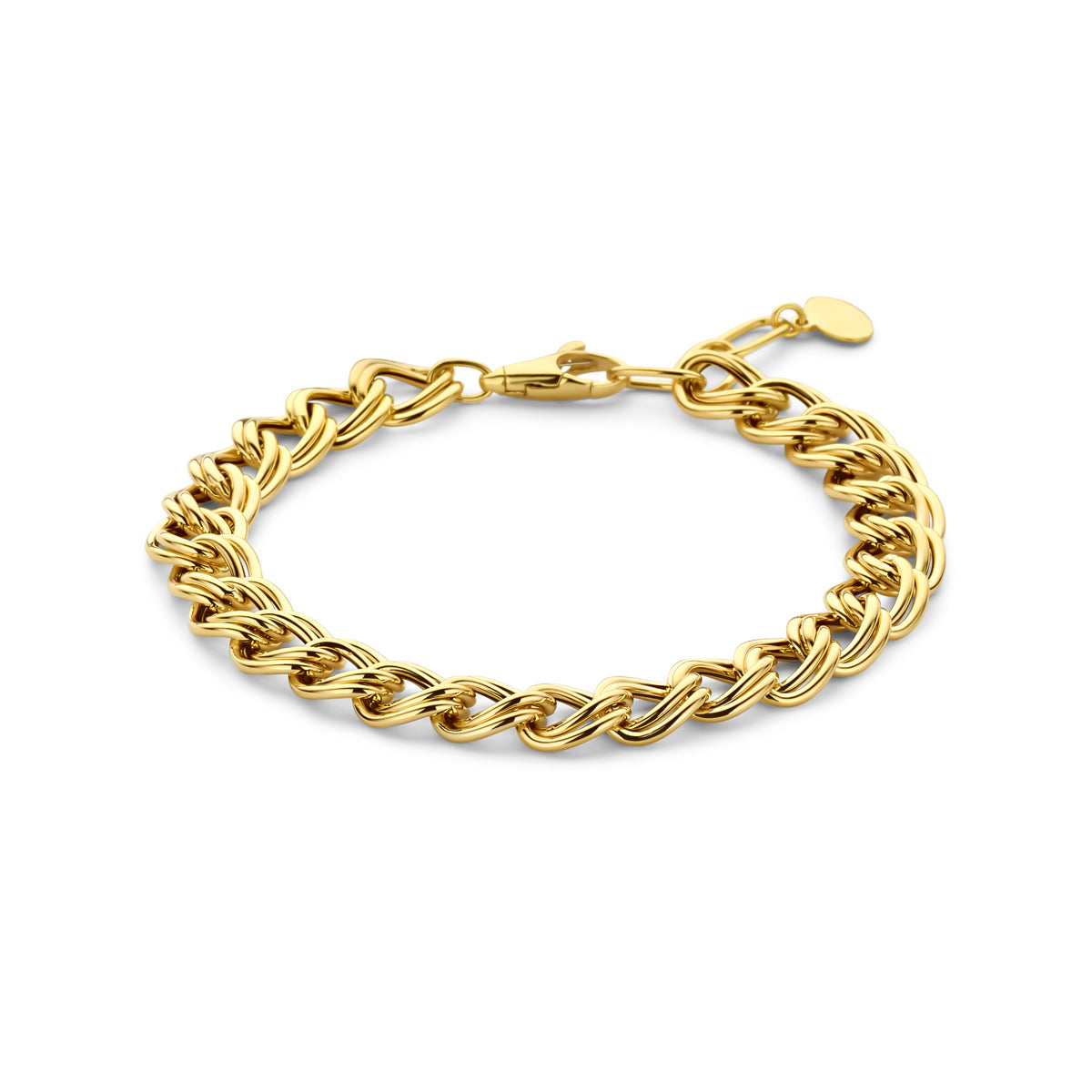 Vooraanzicht van de 14 karaat gouden armband met grove gourmetteschakel, 17 cm lang met verlengstuk tot 19 cm.