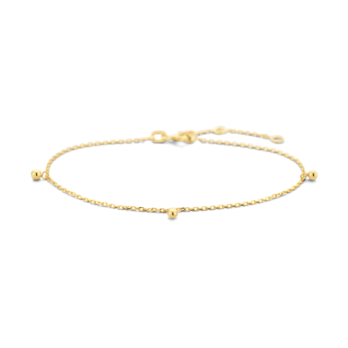 Vooraanzicht van de gouden armband met bolletjes van 14 karaat.
