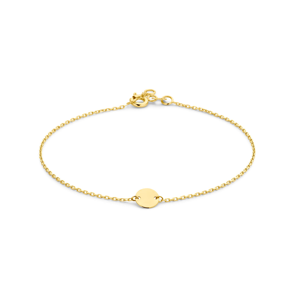 Vooraanzicht van de gouden armband met cirkel van 14 karaat.