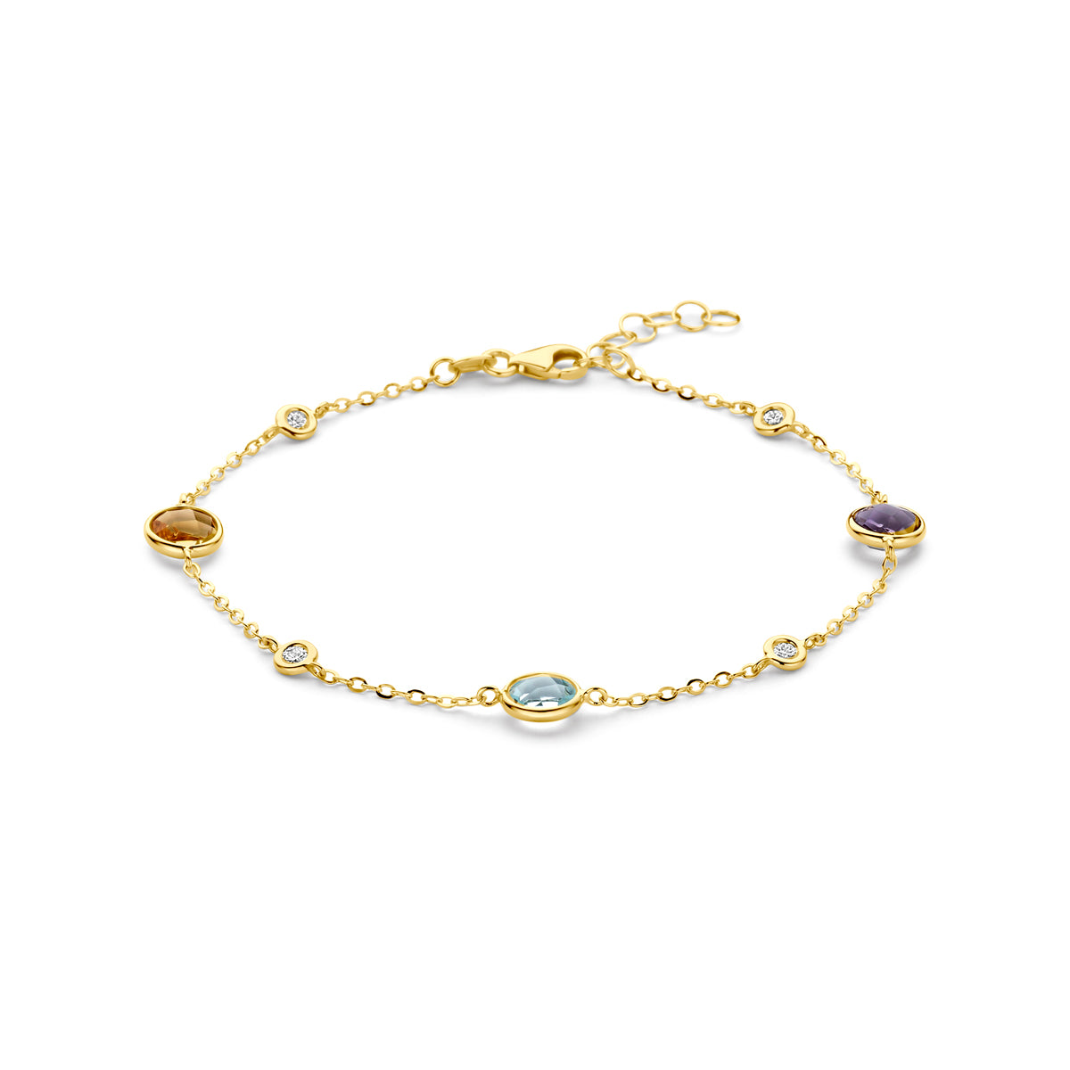Vooraanzicht van de gouden armband met edelstenen en diamant van 14 karaat.
