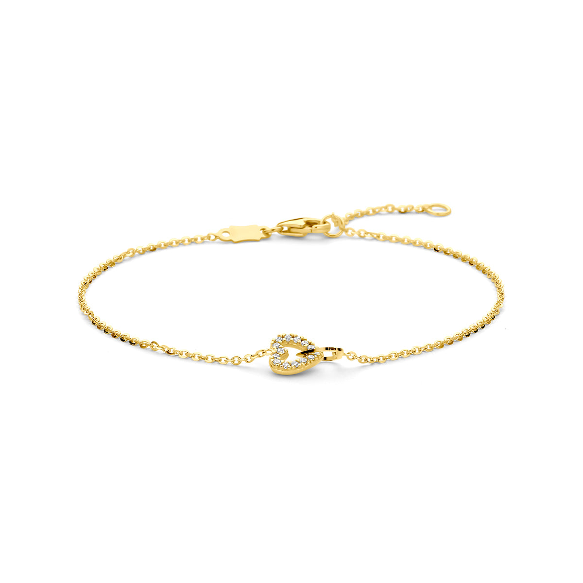 Vooraanzicht van de gouden armband met hartje en zirkonia van 14 karaat.