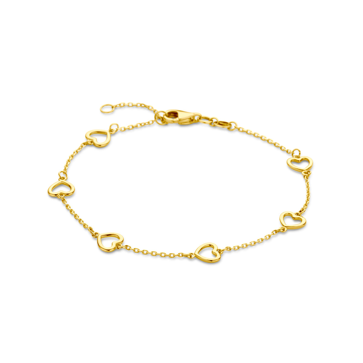 Vooraanzicht van de gouden armband met hartjes van 14 karaat.