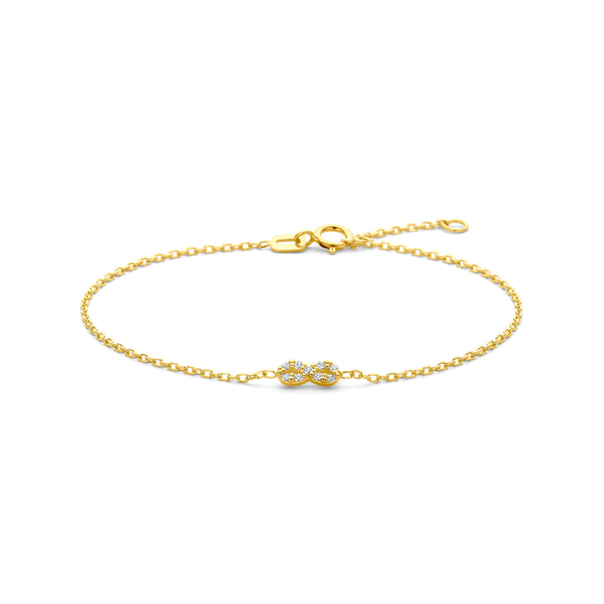 Vooraanzicht van de gouden armband met infinity en zirkonia van 14 karaat.