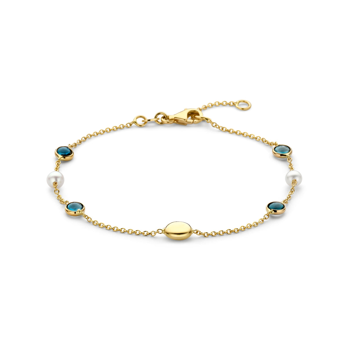 Vooraanzicht van de gouden armband met london blue topaas en parels van 14 karaat.